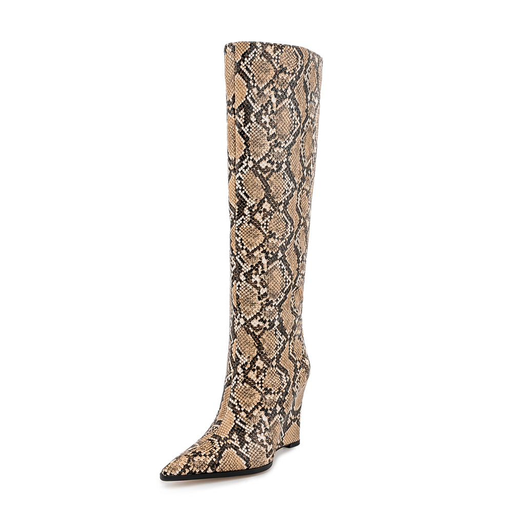 Snake pattern wedge heel pointed toe knee high boots fashionable long boots