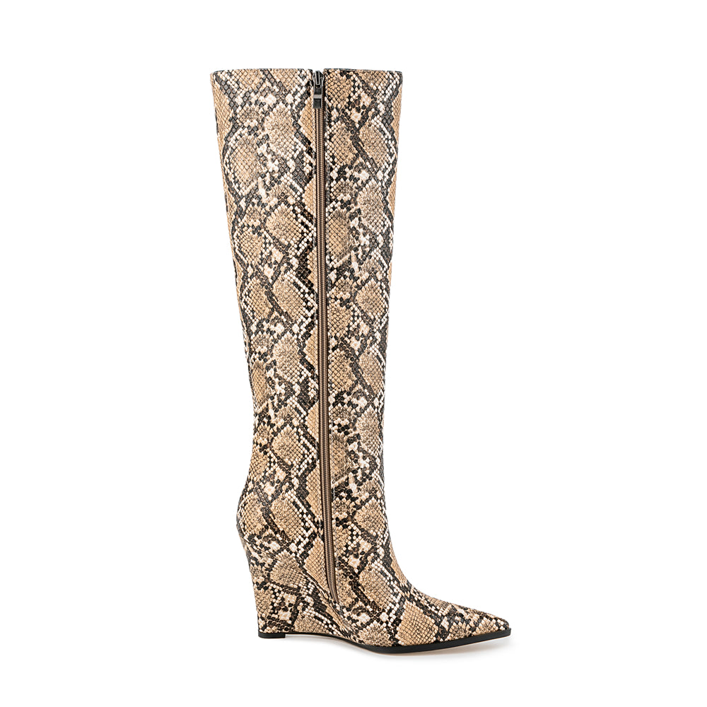 Snake pattern wedge heel pointed toe knee high boots fashionable long boots