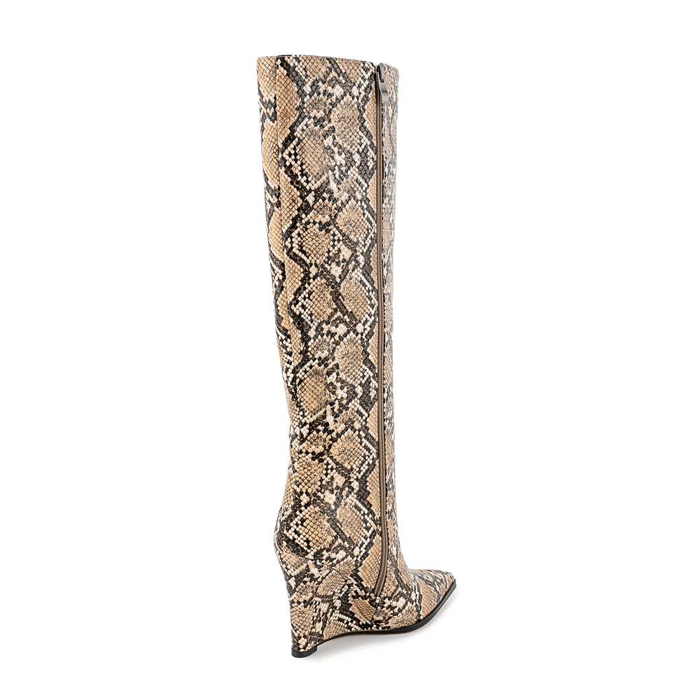 Snake pattern wedge heel pointed toe knee high boots fashionable long boots