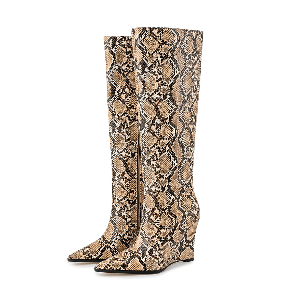 Snake pattern wedge heel pointed toe knee high boots fashionable long boots