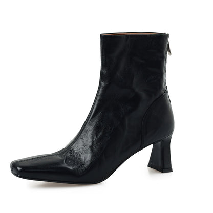 Leather square-toe low-heel ankle boots