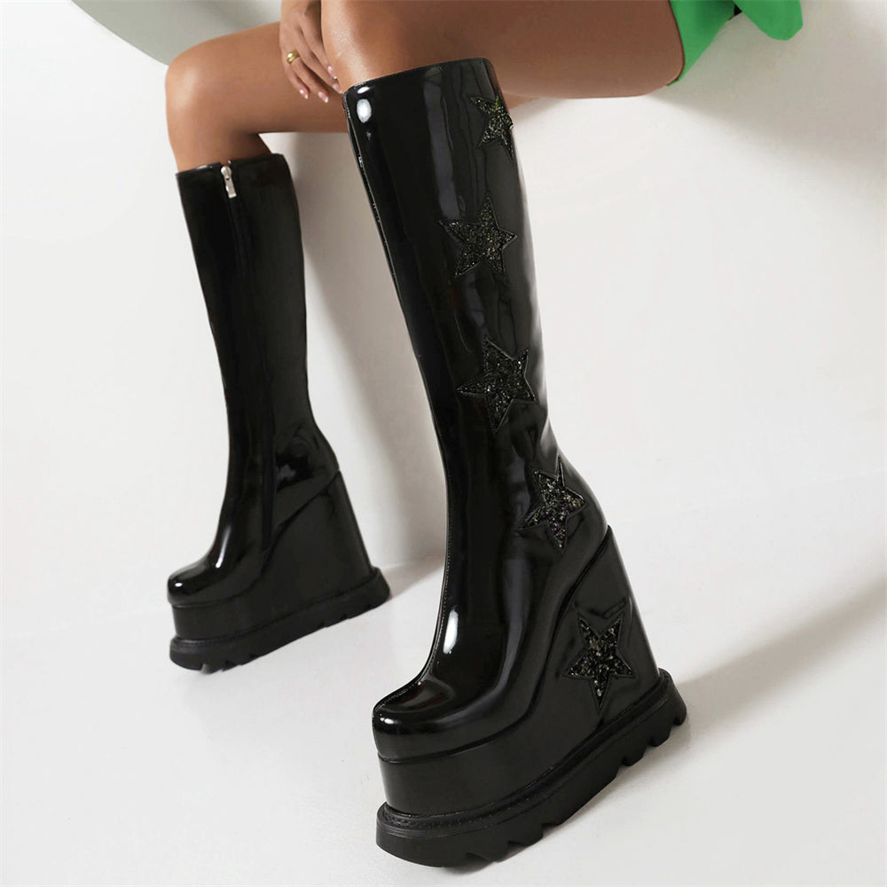 Star Black Platform Wedge Heel Knee-High Boots