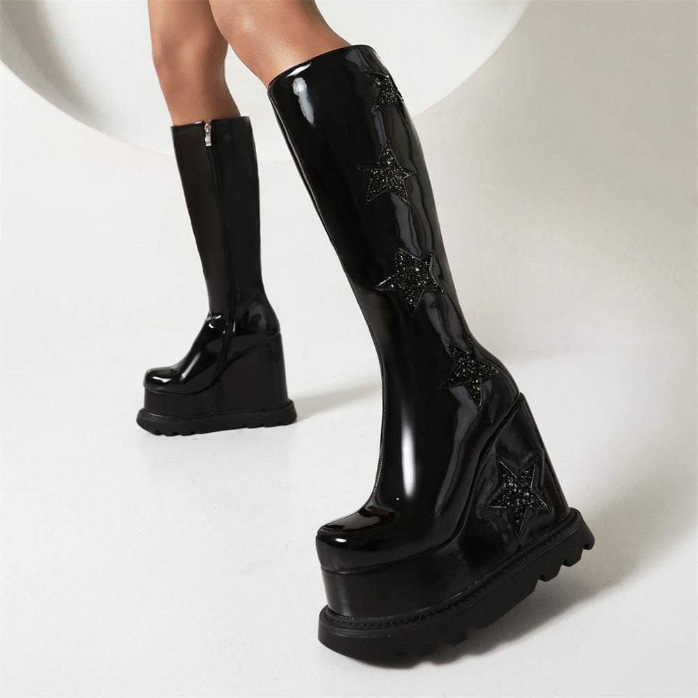 Star Black Platform Wedge Heel Knee-High Boots