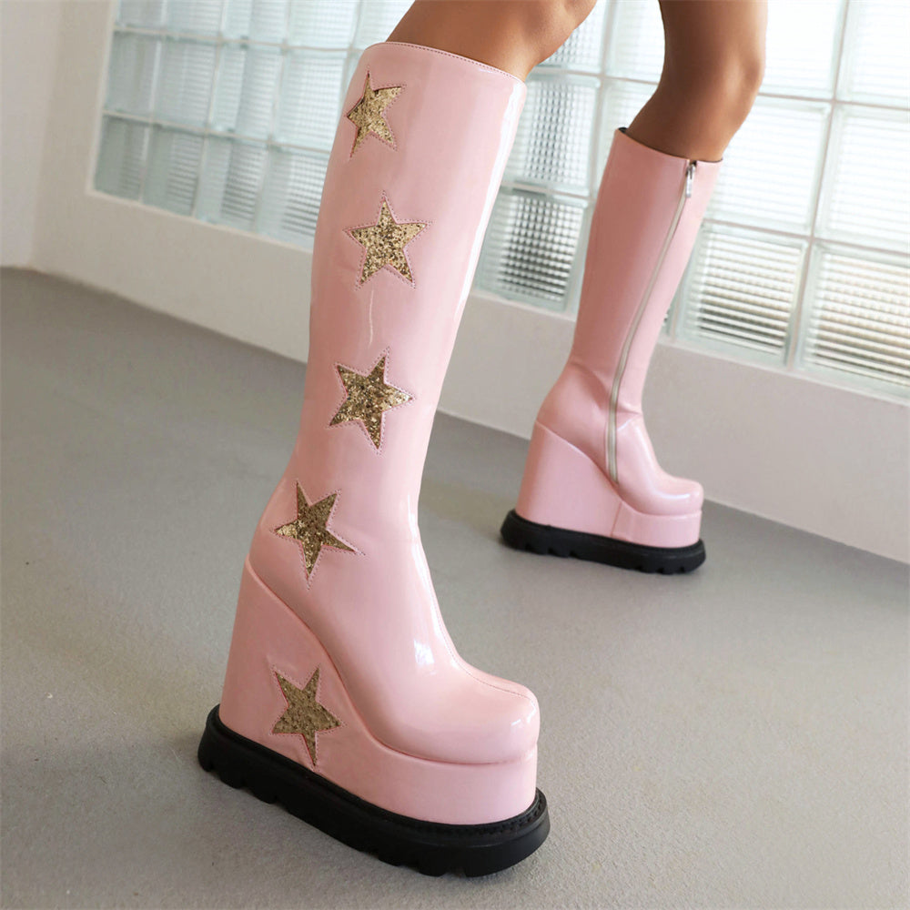 Star Pink Platform Wedge Heel Knee-High Boots