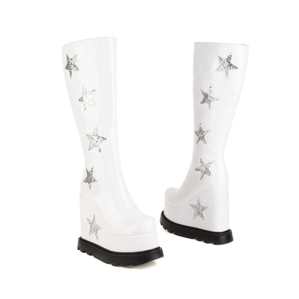 Star White Platform Wedge Heel Knee-High Boots