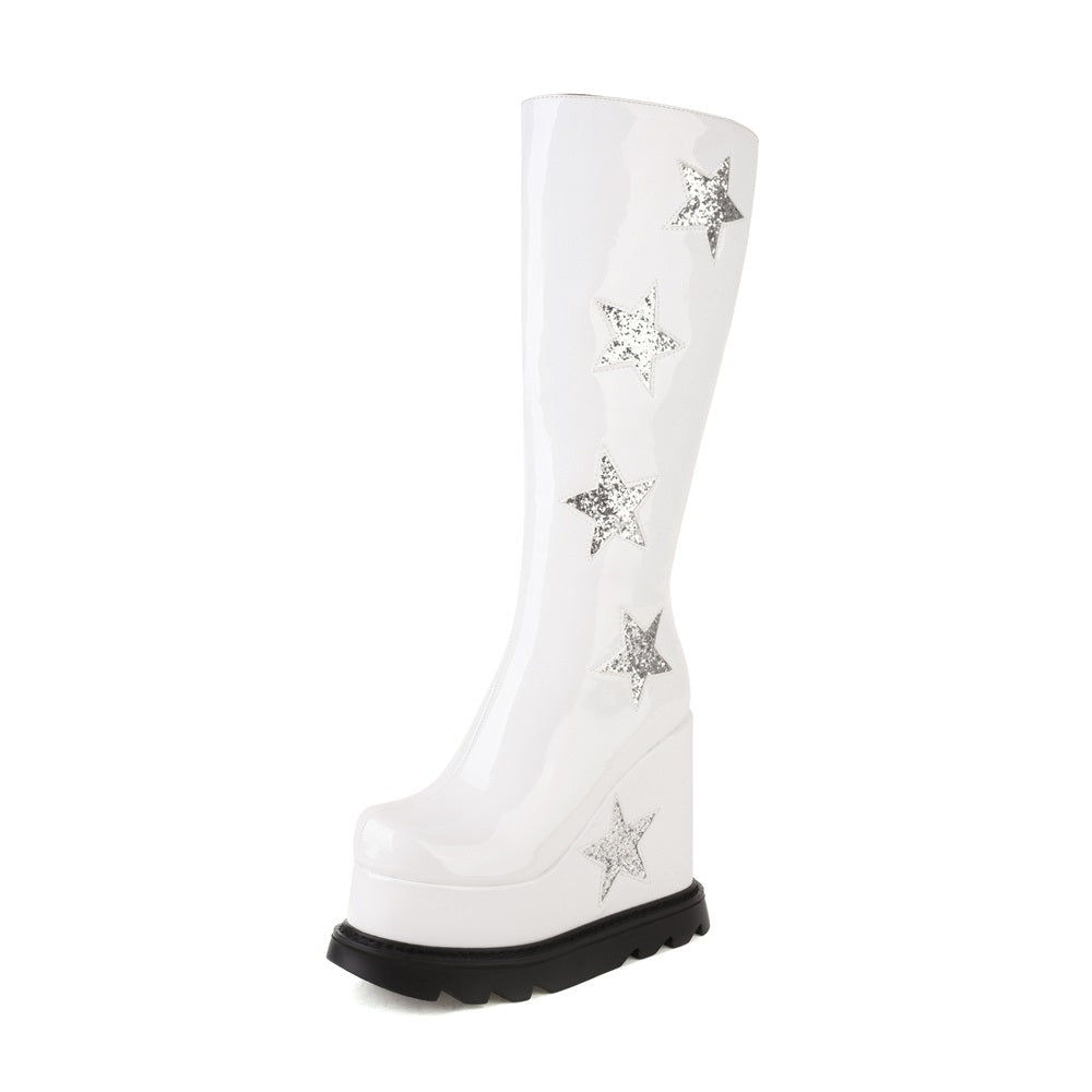 Star White Platform Wedge Heel Knee-High Boots