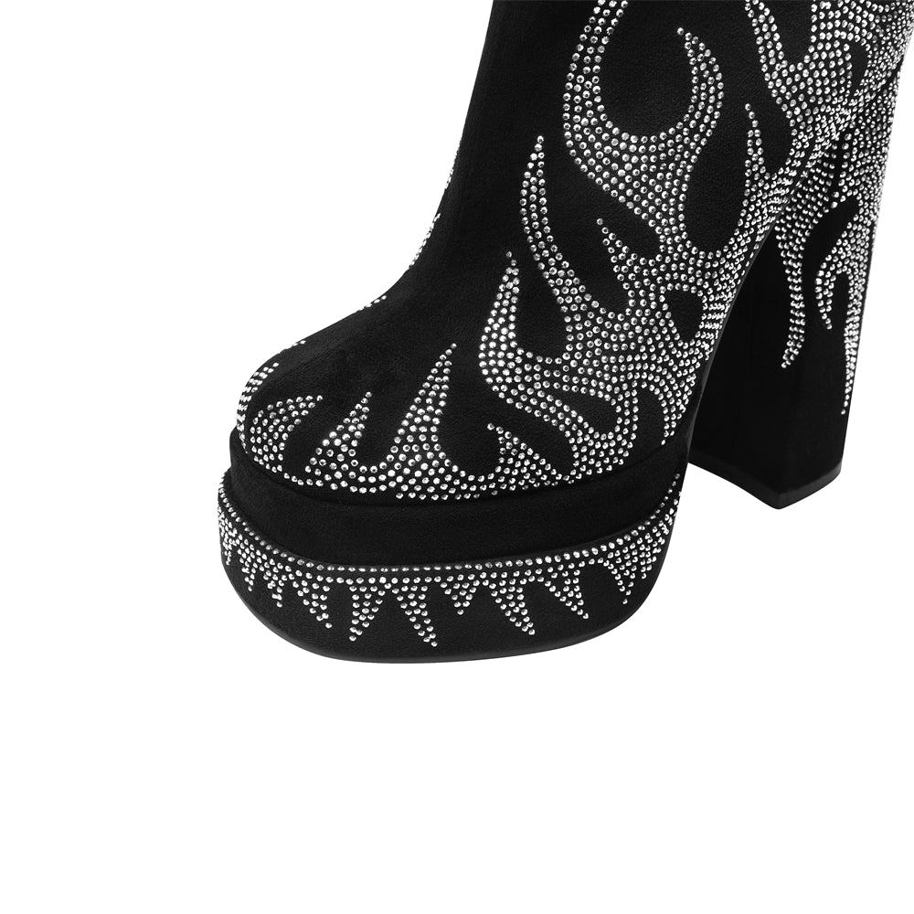 Black Suede-like Fire Pattern Rhinestone Square Toe Platform Ankle Boots