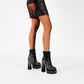 Black Suede-like Fire Pattern Rhinestone Square Toe Platform Ankle Boots