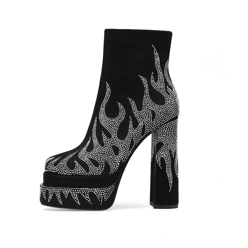 Black Suede-like Fire Pattern Rhinestone Square Toe Platform Ankle Boots