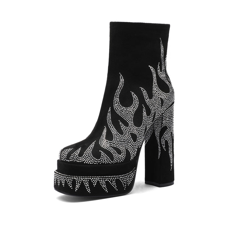 Black Suede-like Fire Pattern Rhinestone Square Toe Platform Ankle Boots