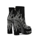 Black Suede-like Fire Pattern Rhinestone Square Toe Platform Ankle Boots