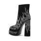 Black Suede-like Fire Pattern Rhinestone Square Toe Platform Ankle Boots