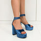 Blue suede open toe chunky heel platform sandals