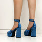 Blue suede open toe chunky heel platform sandals