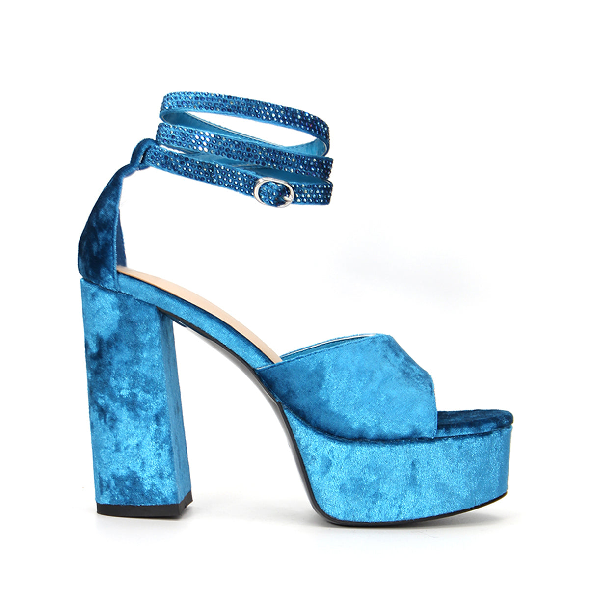 Blue suede open toe chunky heel platform sandals