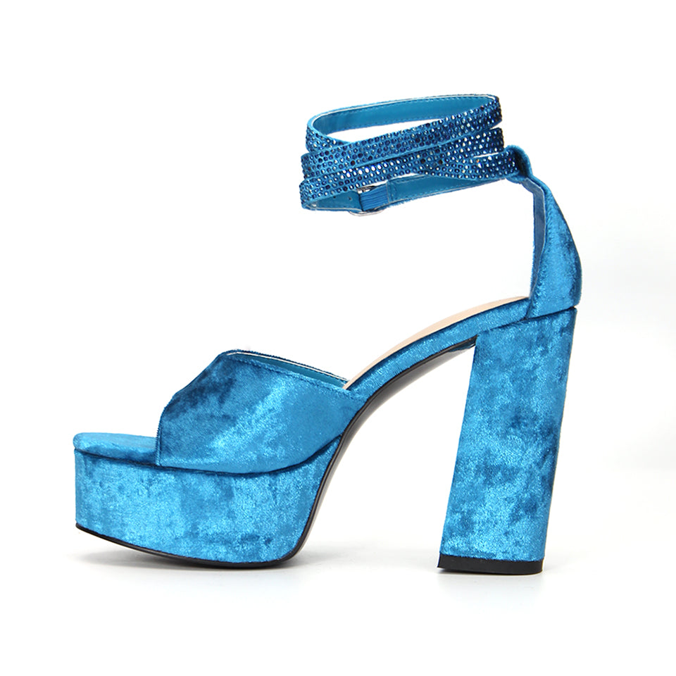 Blue suede open toe chunky heel platform sandals