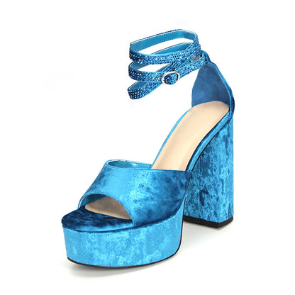 Blue suede open toe chunky heel platform sandals