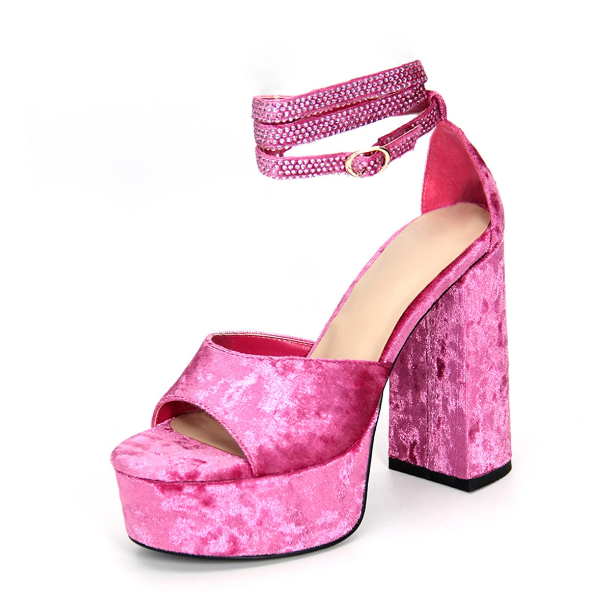 Pink Suede Open Toe Chunky Heel Platform Sandals