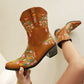 Tan embroidered floral western cowboy boots, block heel western boots