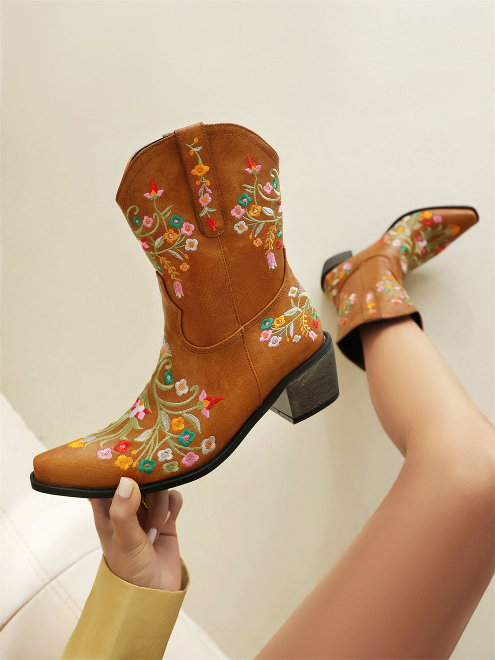 Tan embroidered floral western cowboy boots, block heel western boots