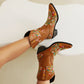 Tan embroidered floral western cowboy boots, block heel western boots