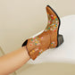 Tan embroidered floral western cowboy boots, block heel western boots