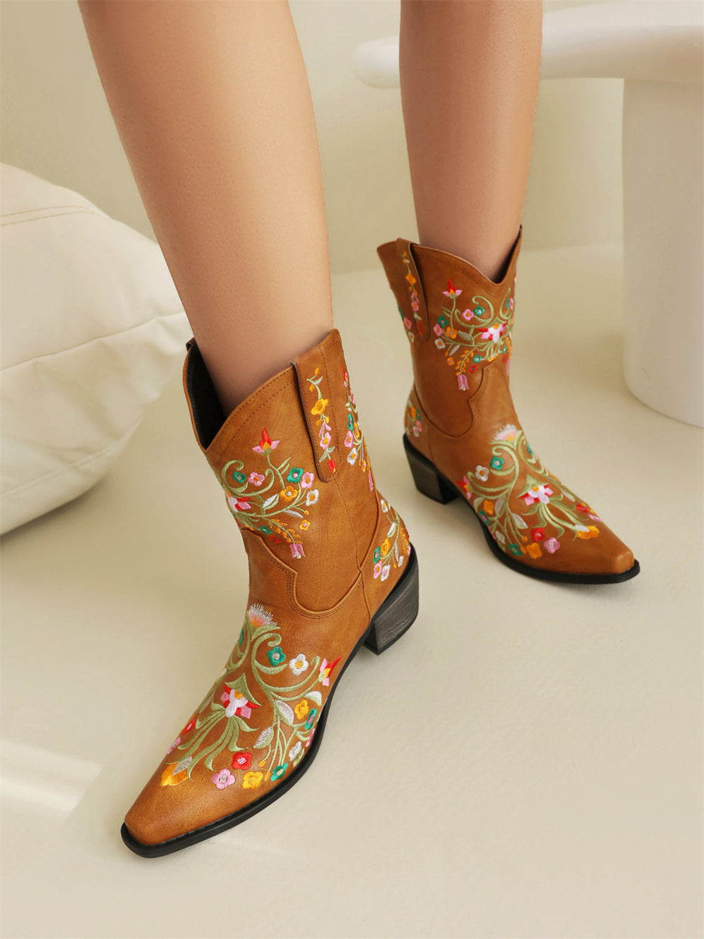 Tan embroidered floral western cowboy boots, block heel western boots