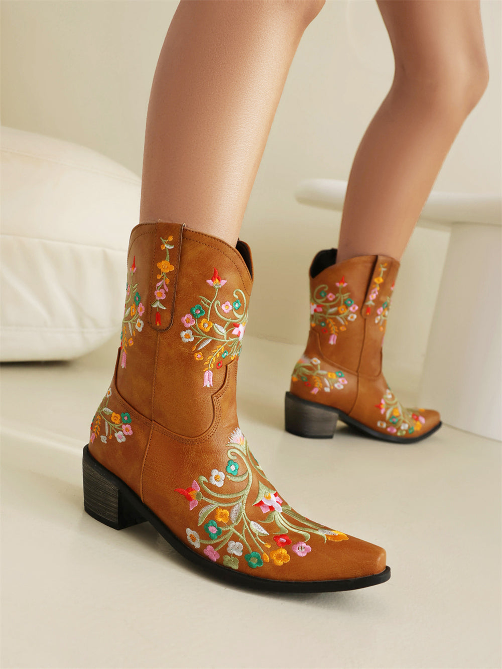 Tan embroidered floral western cowboy boots, block heel western boots