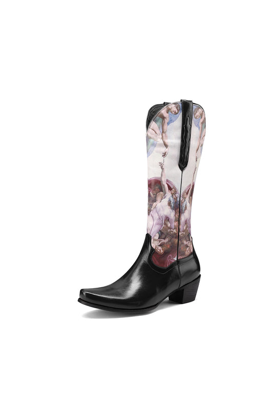 "The Creation of Adam" Artistic Designing Black Block Heel Cowboy Boots for Women