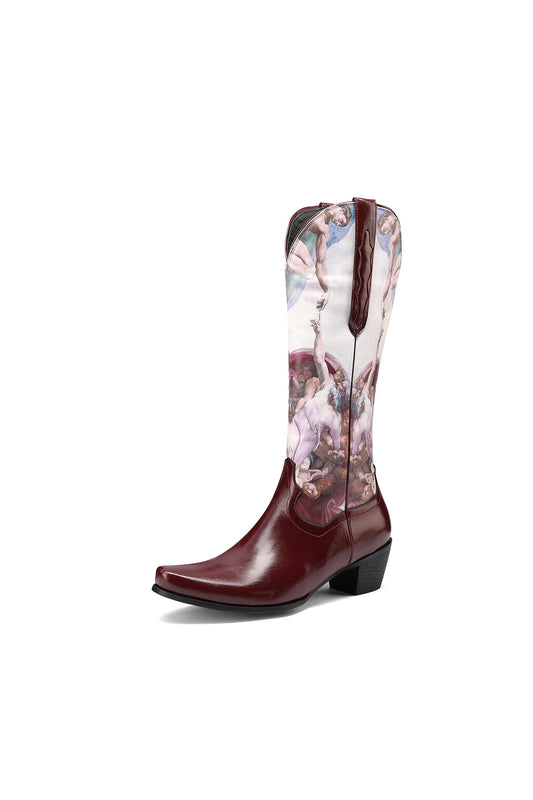 "The Creation of Adam" Artistic Designing Brown Block Heel Cowboy Boots for Women