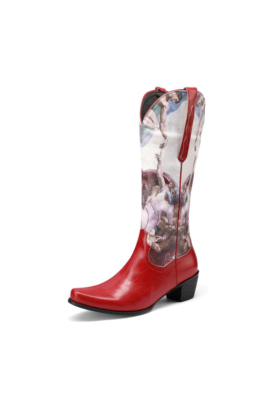 "The Creation of Adam" Artistic Designing Red Block Heel Cowboy Boots for Women