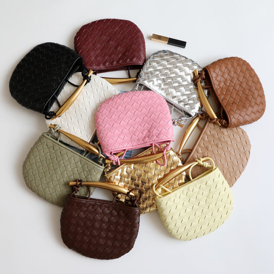 Top handle leather woven mini shoulder bag