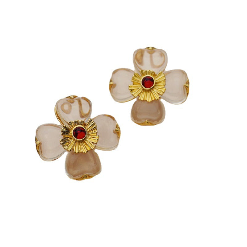 Transparent three-dimensional four-leaf flower stud earrings