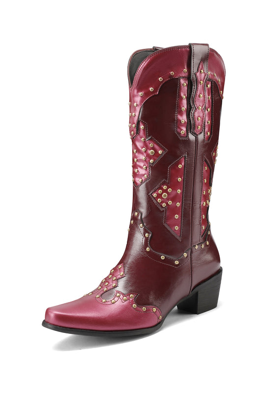 <tc>Burgundy and Maroon Splicing Retro Studs Women's Cowboy Boots Western Booties</tc>