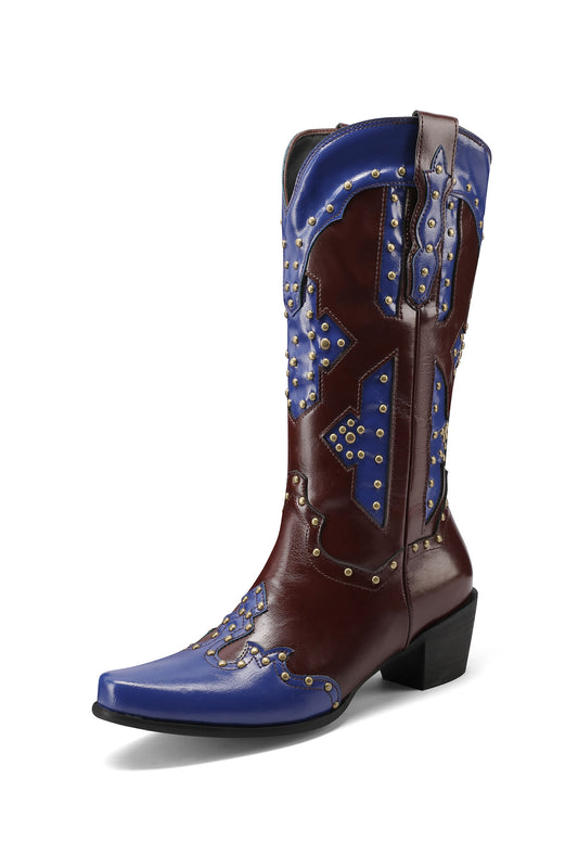 <tc>Blue and Maroon Splicing Retro Studs Women's Cowboy Boots Western Booties</tc>