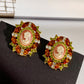 Vintage Orange and Green Flash Drill Oval Stud Earrings