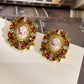 Vintage Orange and Green Flash Drill Oval Stud Earrings