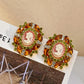 Vintage Orange and Green Flash Drill Oval Stud Earrings