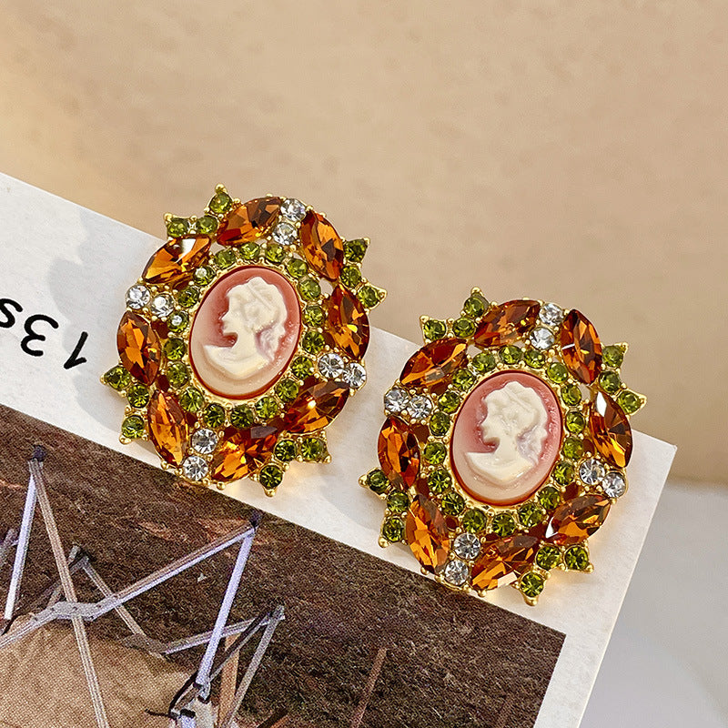 Vintage Orange and Green Flash Drill Oval Stud Earrings