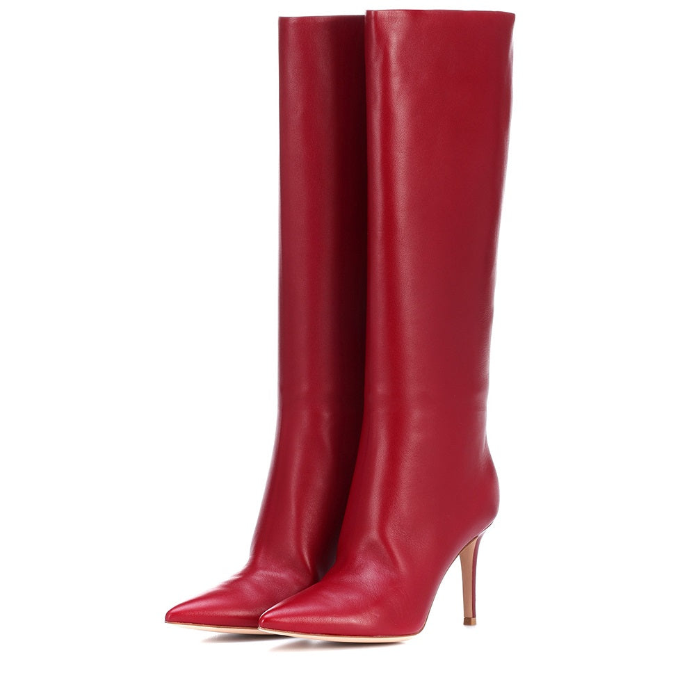 Vegan Leather Pointed Toe Stiletto Heel Knee High Boots