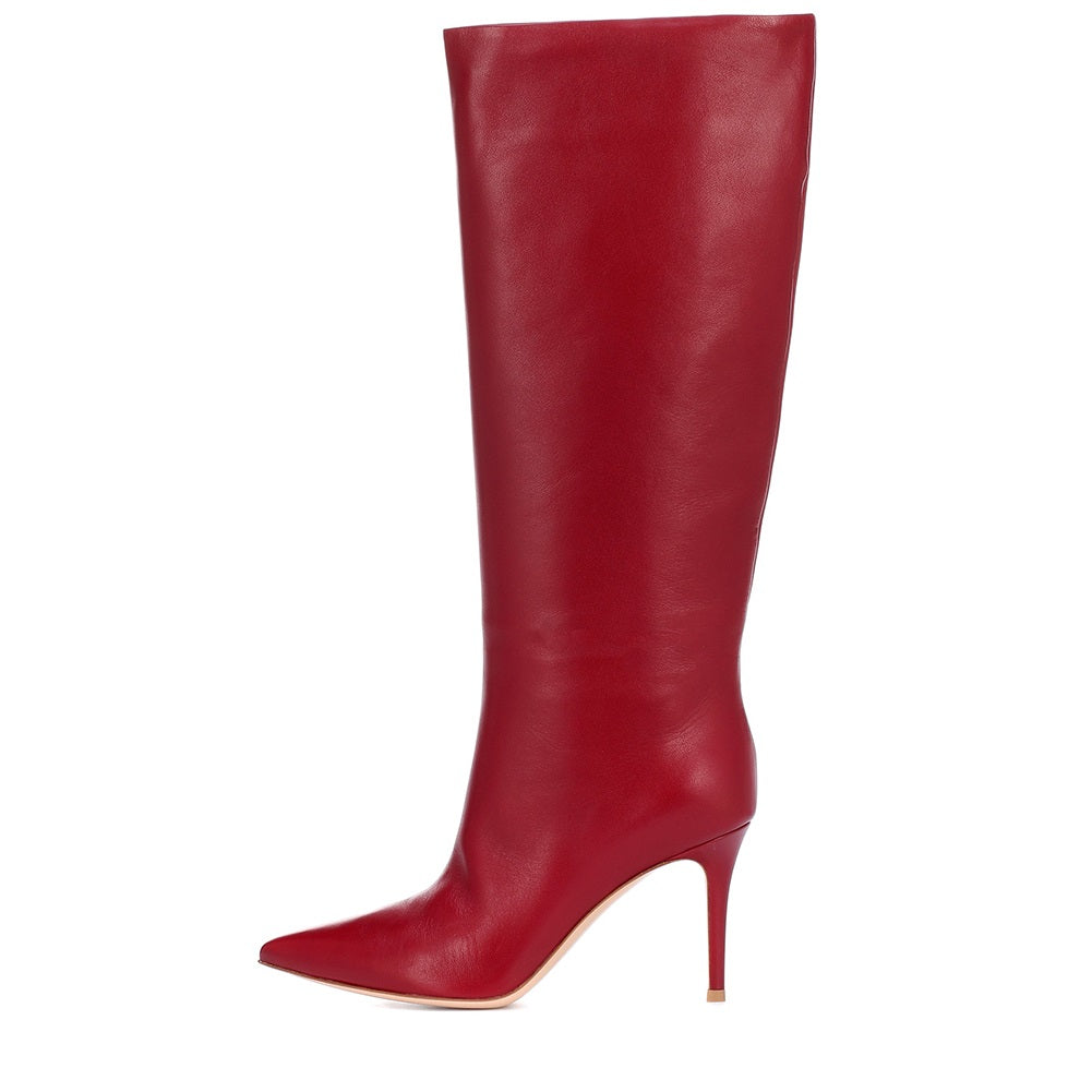 Vegan Leather Pointed Toe Stiletto Heel Knee High Boots