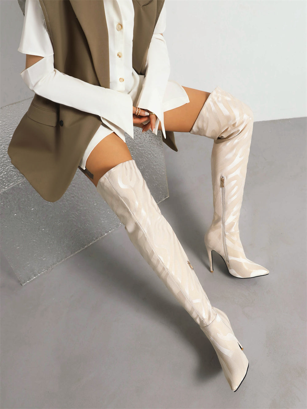 Beige vegan leather stiletto heel over-the-knee boots