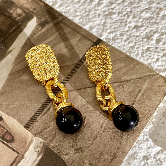 vintage black bead pendant earrings matte gold stud earrings