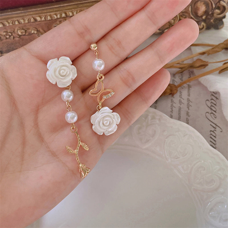 Vintage Elegance Butterfly Fringe White Rose Earrings Ear Clips