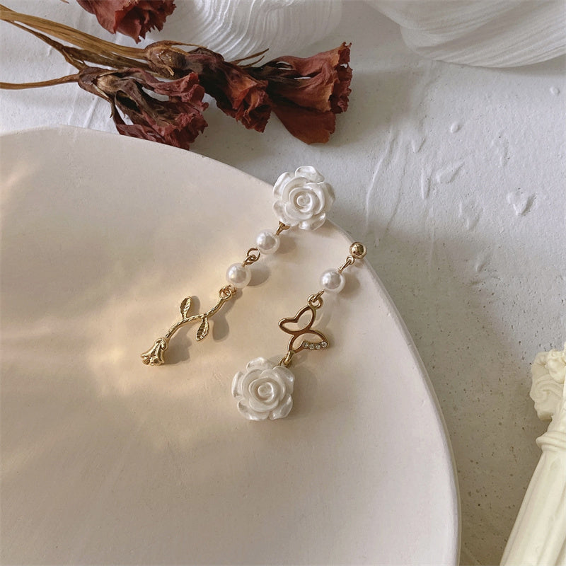 Vintage Elegance Butterfly Fringe White Rose Earrings Ear Clips