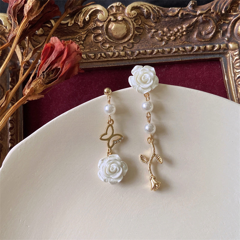 Vintage Elegance Butterfly Fringe White Rose Earrings Ear Clips