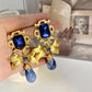 Vintage Gold Bow Blue Rhinestone Handmade Glazed Earrings