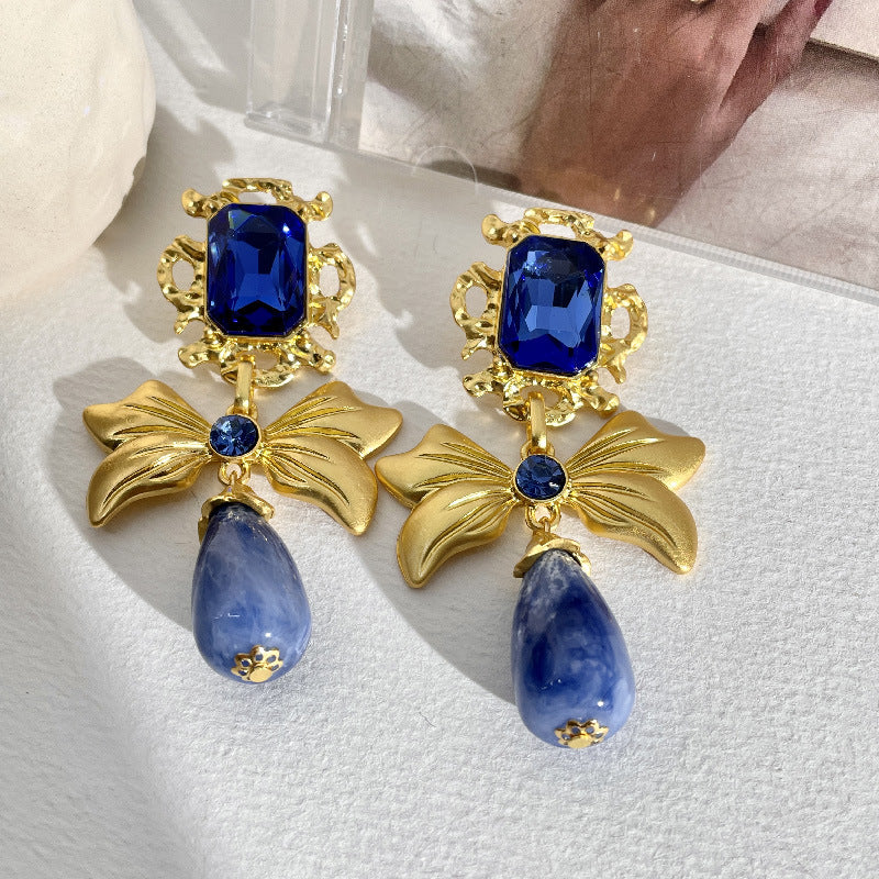 Vintage Gold Bow Blue Rhinestone Handmade Glazed Earrings