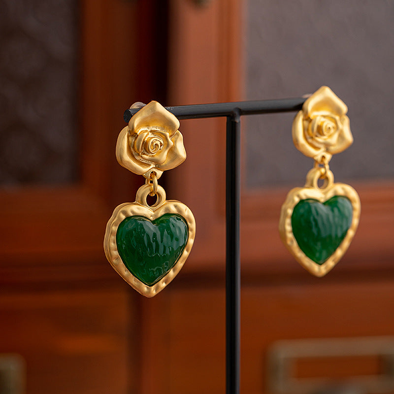 Vintage Green Love Heart Earrings Flowers Ear Accessories