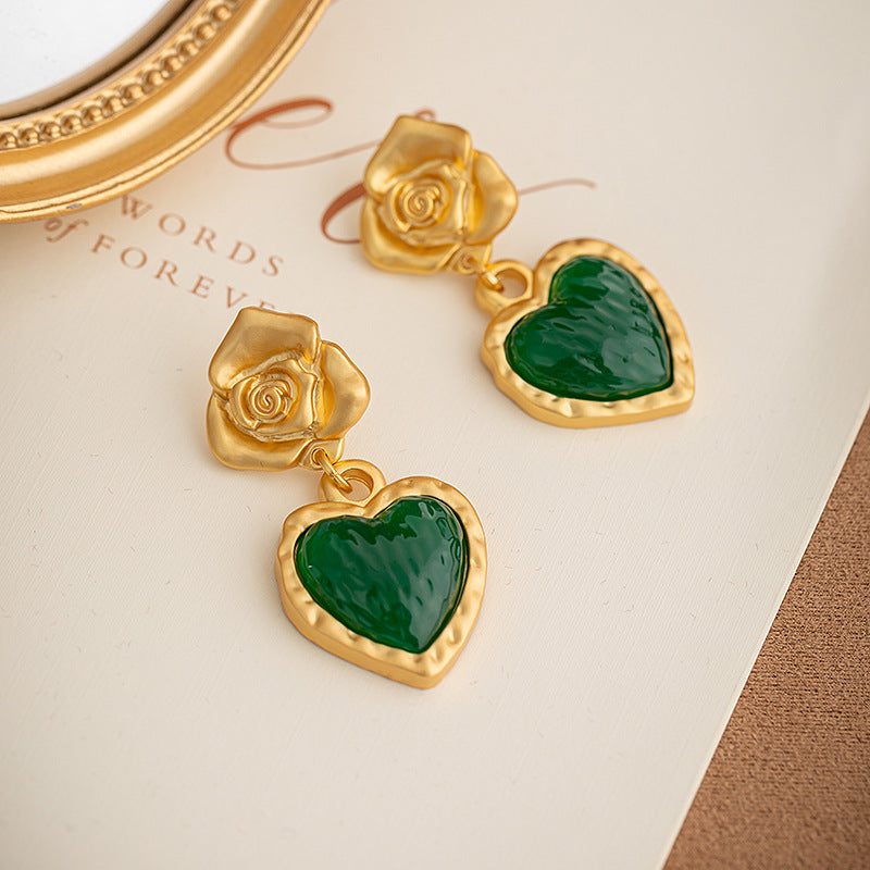 Vintage Green Love Heart Earrings Flowers Ear Accessories